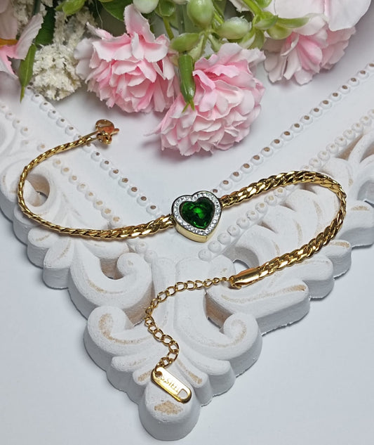 Golden Curb Chain Bracelet,Green Heart Charm