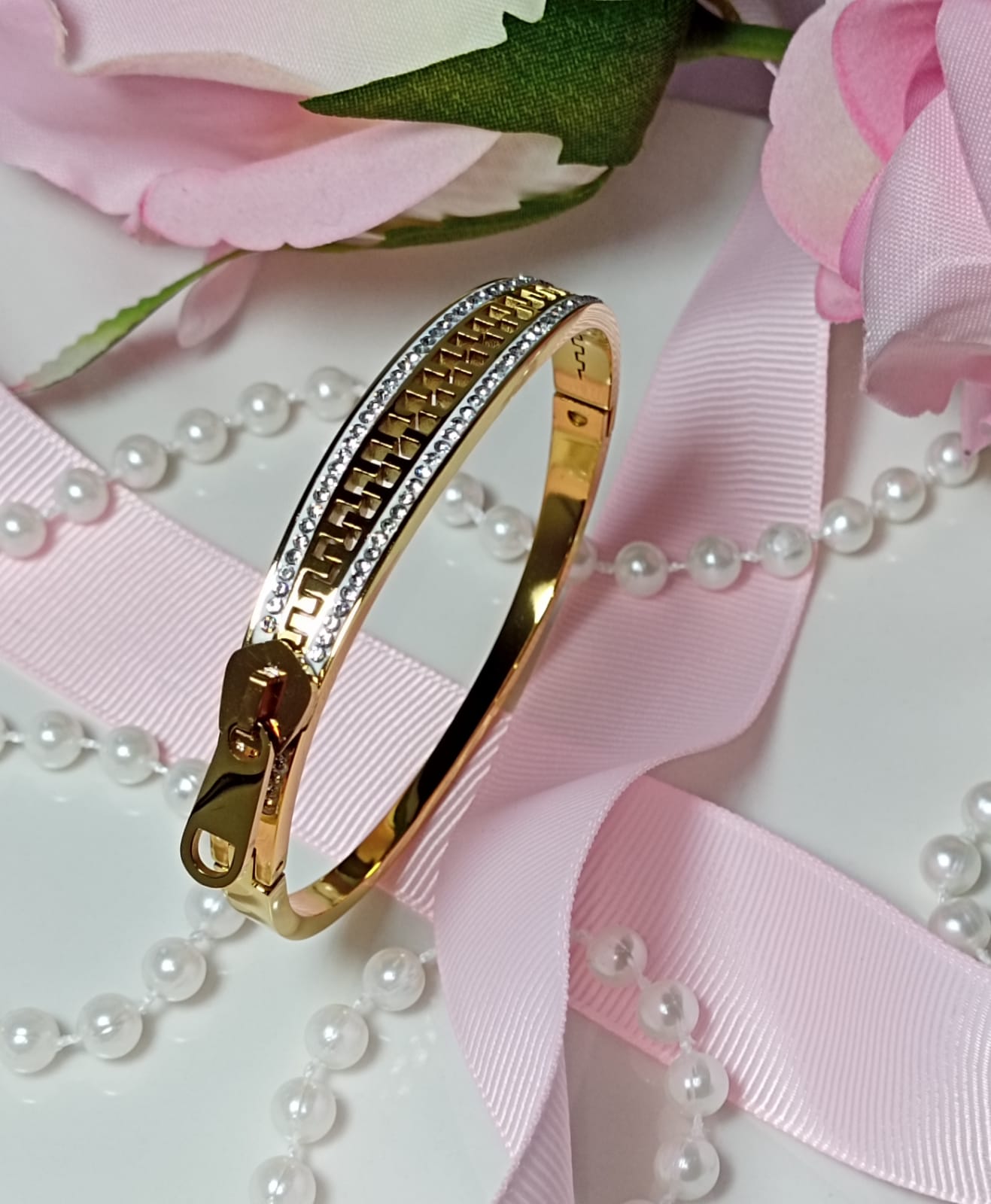 Gold "Zipper" Bangle with Crystal Trim